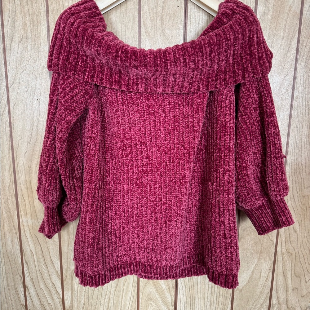 Fuchsia chunky velvet knit sweater off shoulder sexy medium